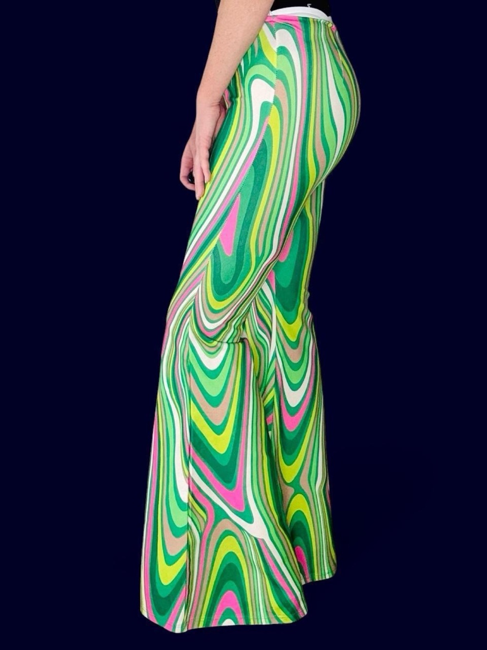Retro Pink Green Psychedelic Printed Hippie Festival High Rise Flare Pants - Picture 3 of 9